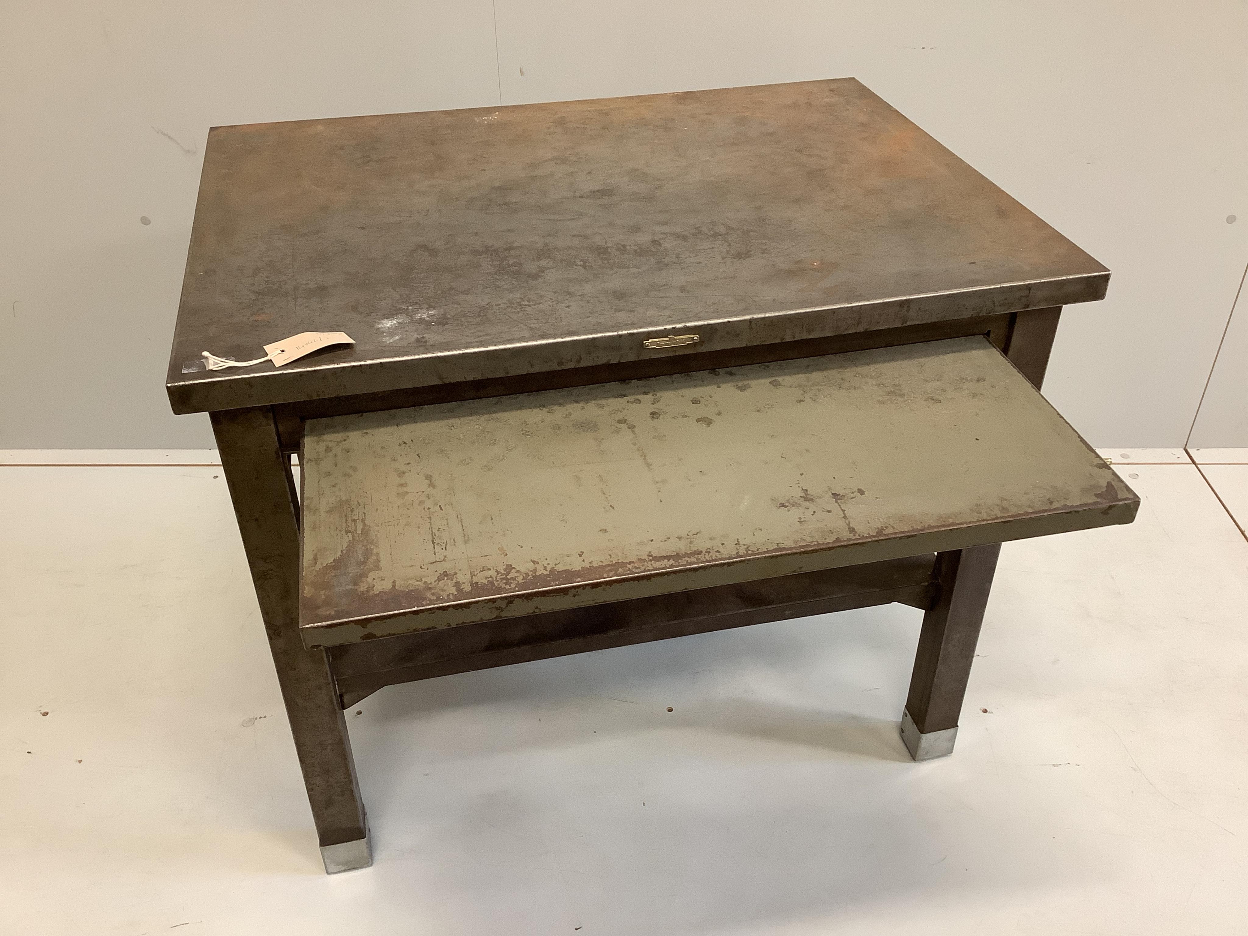 A mid century Remington Rand steel two tier work table with fitted slide, width 86cm, depth 64cm, height 71cm